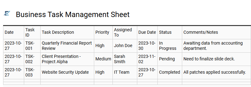 Business Task Management Sheet
