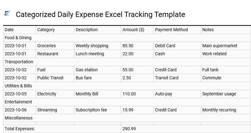 Categorized Daily Expense Excel Tracking Template