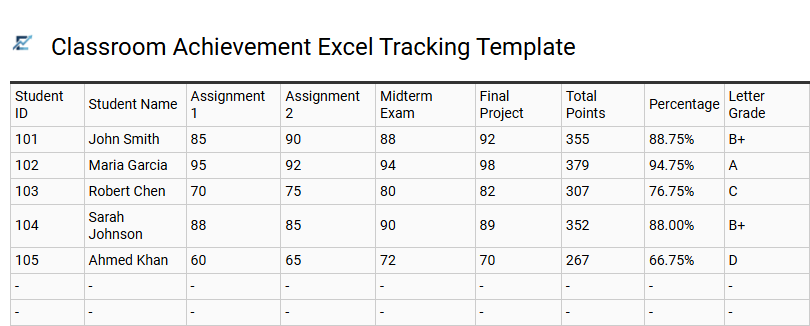 Classroom Achievement Excel Tracking Template