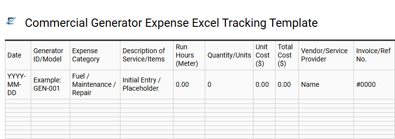 Commercial Generator Expense Excel Tracking Template