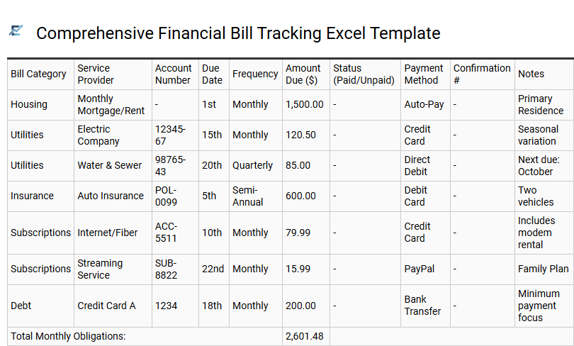 Comprehensive Financial Bill Tracking Excel Template
