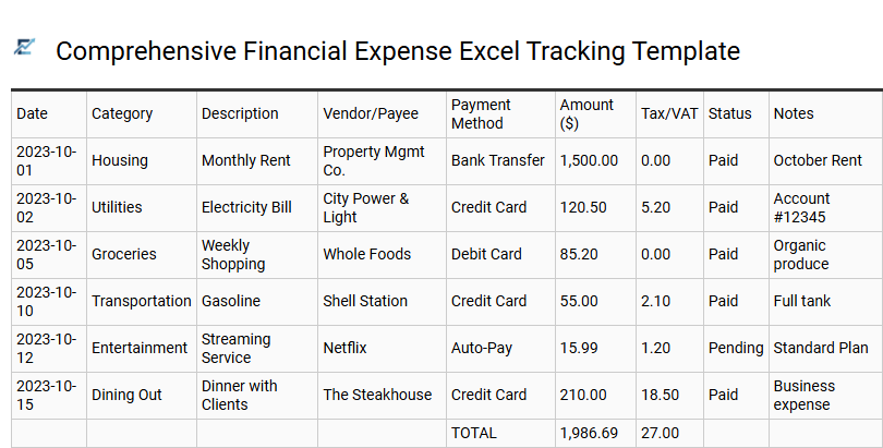 Comprehensive Financial Expense Excel Tracking Template