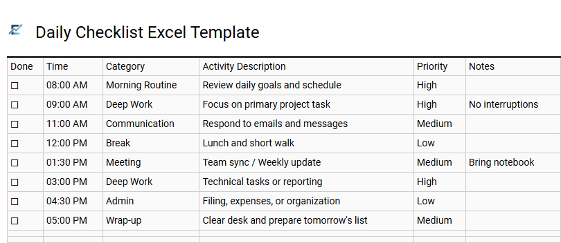 Daily Checklist Excel Template