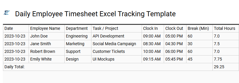 Daily Employee Timesheet Excel Tracking Template