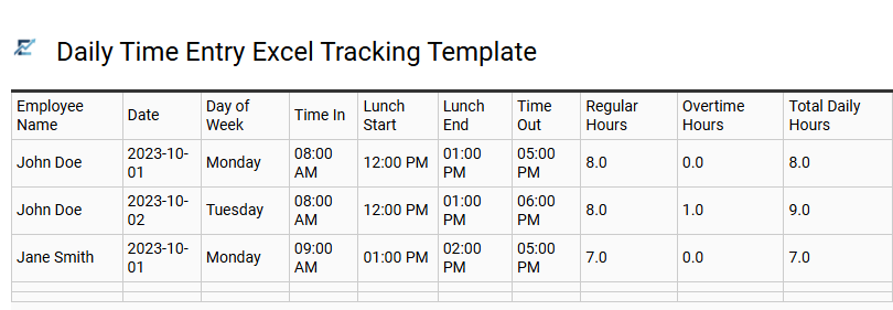 Daily Time Entry Excel Tracking Template