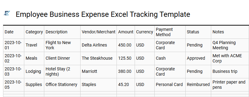 Employee Business Expense Excel Tracking Template