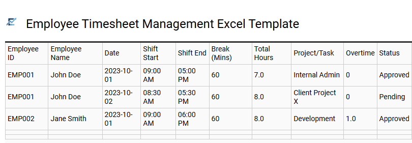 Employee Timesheet Management Excel Template