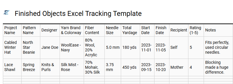Finished Objects Excel Tracking Template