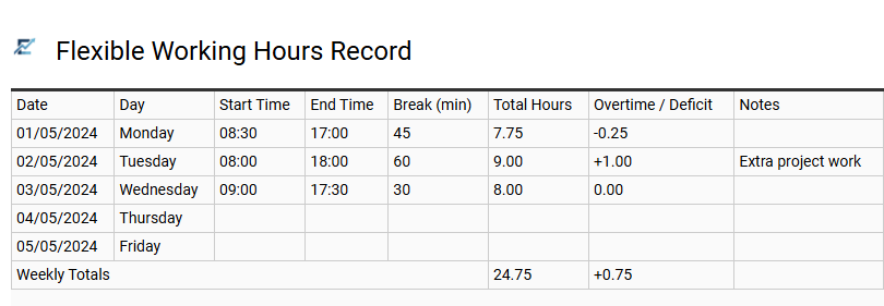 Flexible Working Hours Record