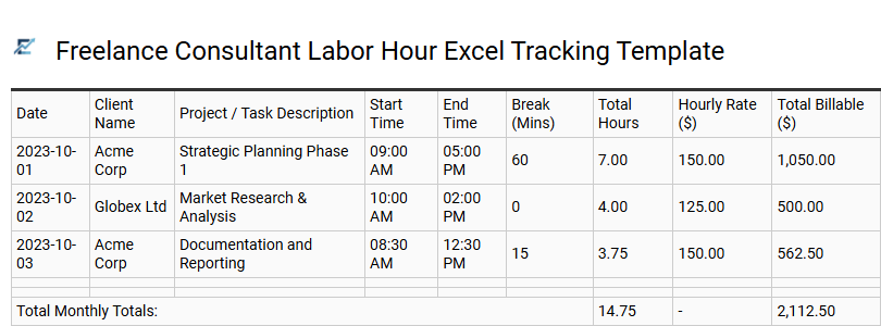 Freelance Consultant Labor Hour Excel Tracking Template