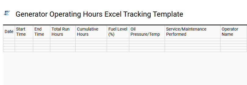 Generator Operating Hours Excel Tracking Template