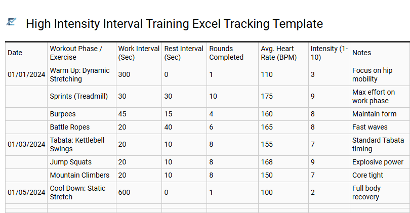 High Intensity Interval Training Excel Tracking Template
