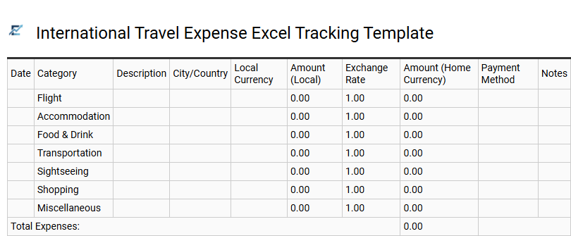 International Travel Expense Excel Tracking Template
