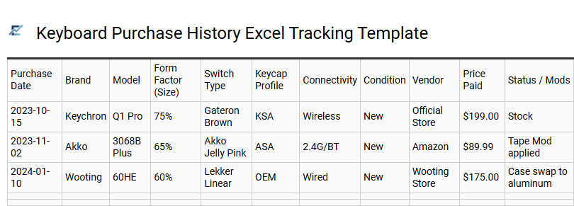 Keyboard Purchase History Excel Tracking Template