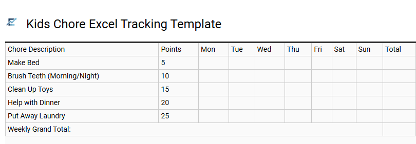 Kids Chore Excel Tracking Template