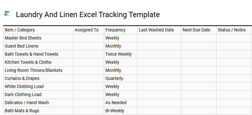 Laundry And Linen Excel Tracking Template