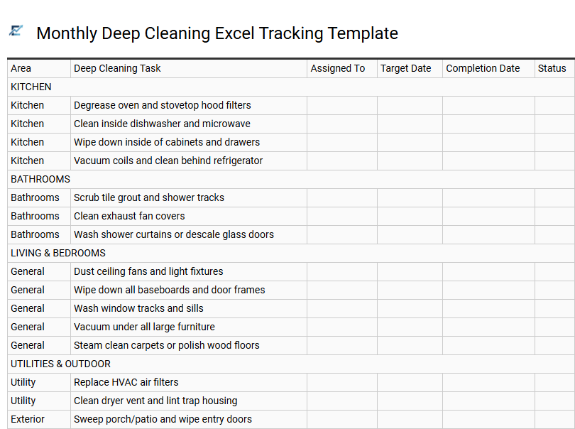 Monthly Deep Cleaning Excel Tracking Template