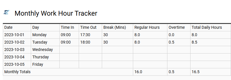 Monthly Work Hour Tracker