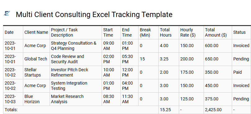 Multi Client Consulting Excel Tracking Template