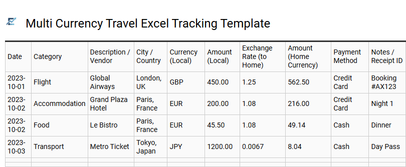 Multi Currency Travel Excel Tracking Template