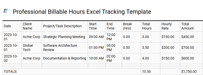 Professional Billable Hours Excel Tracking Template