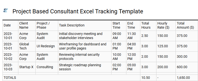 Project Based Consultant Excel Tracking Template