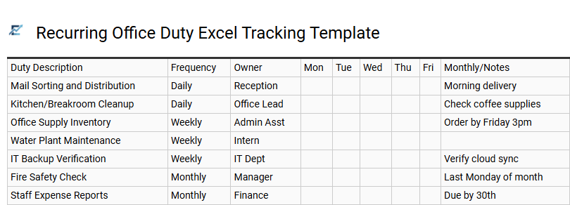 Recurring Office Duty Excel Tracking Template