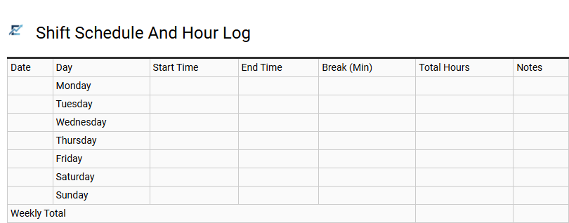 Shift Schedule And Hour Log