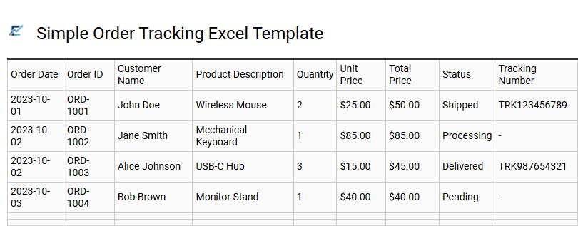 Simple Order Tracking Excel Template