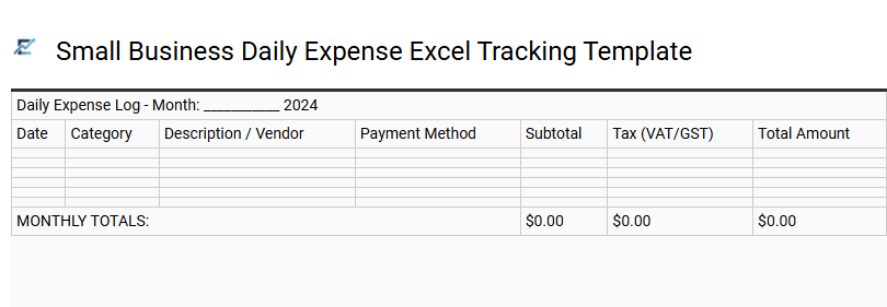 Small Business Daily Expense Excel Tracking Template