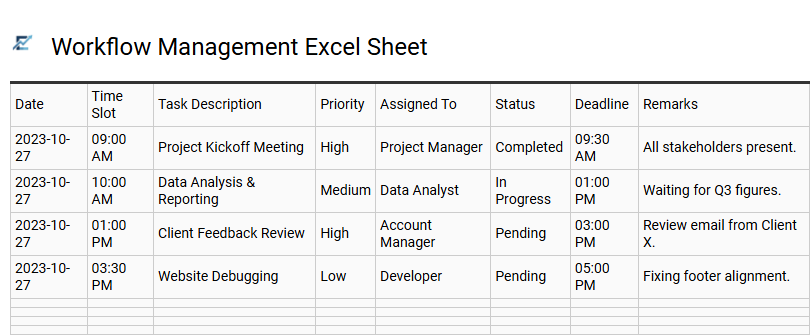 Workflow Management Excel Sheet