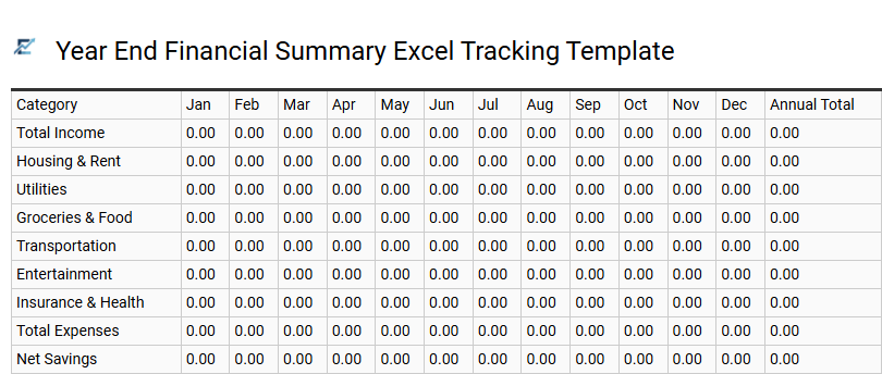 Year End Financial Summary Excel Tracking Template