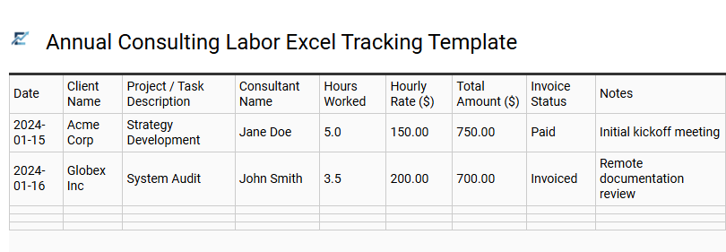 Annual Consulting Labor Excel Tracking Template