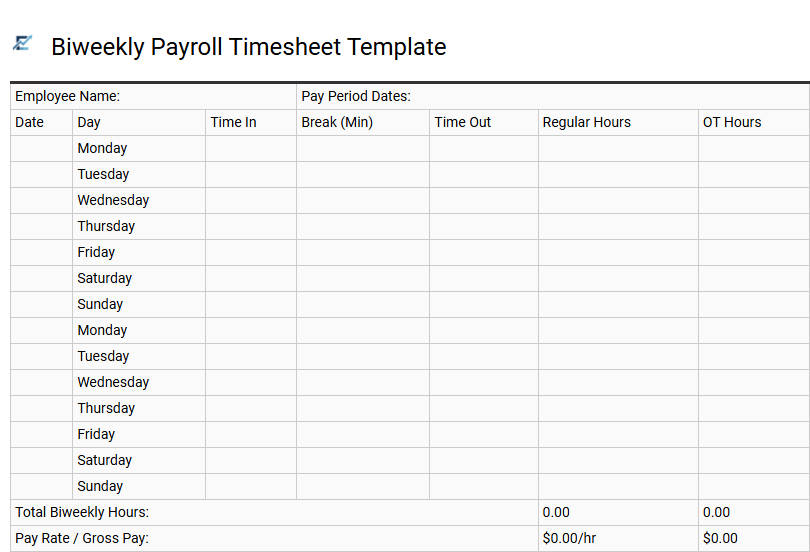 Biweekly Payroll Timesheet Template