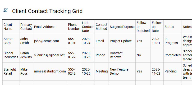 Client Contact Tracking Grid
