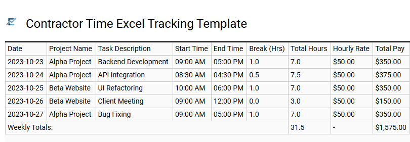 Contractor Time Excel Tracking Template