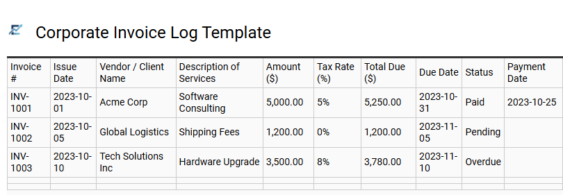 Corporate Invoice Log Template