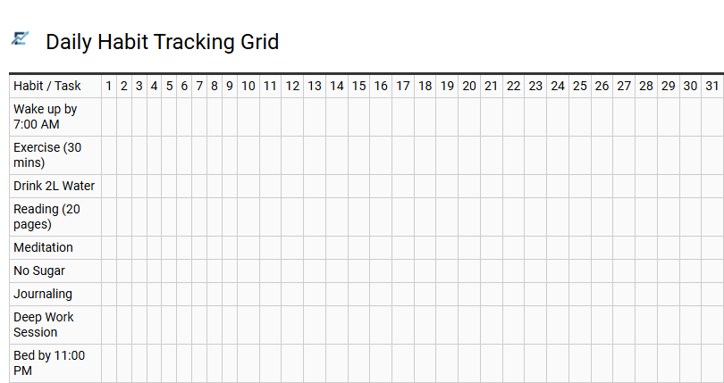 Daily Habit Tracking Grid