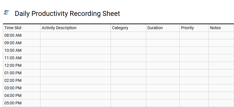 Daily Productivity Recording Sheet