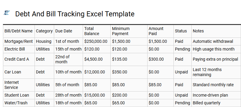 Debt And Bill Tracking Excel Template