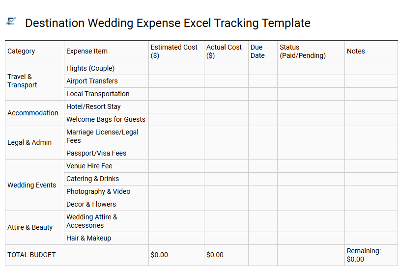 Destination Wedding Expense Excel Tracking Template