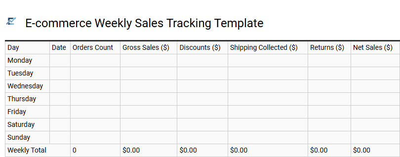 E-commerce Weekly Sales Tracking Template