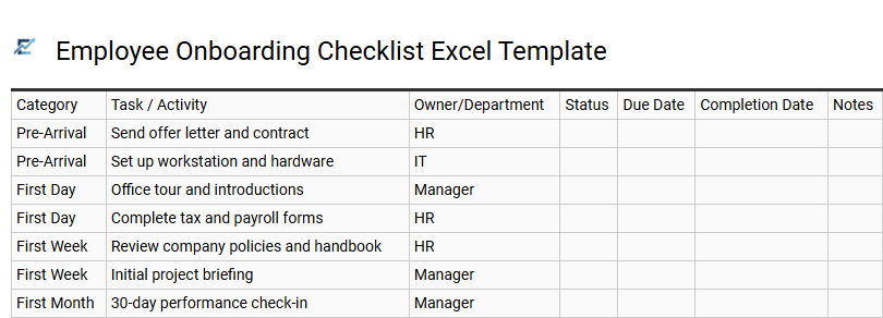 Employee Onboarding Checklist Excel Template