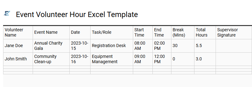 Event Volunteer Hour Excel Template