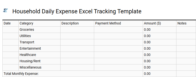 Household Daily Expense Excel Tracking Template