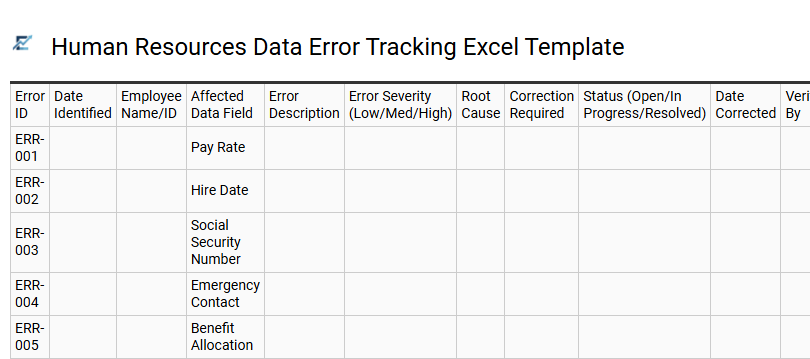 Human Resources Data Error Tracking Excel Template