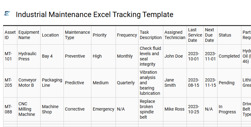 Industrial Maintenance Excel Tracking Template