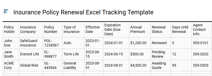 Insurance Policy Renewal Excel Tracking Template