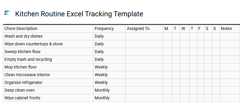 Kitchen Routine Excel Tracking Template
