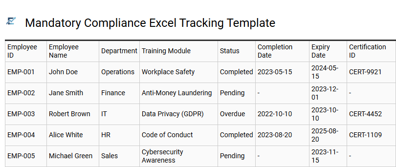 Mandatory Compliance Excel Tracking Template